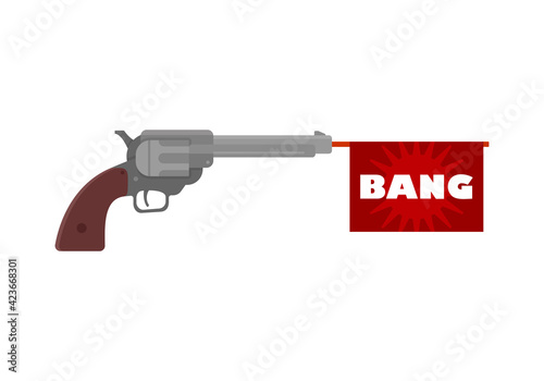 Pistol with bang flag, Shooting toy gun pistol with bang flag vector icon. Weapon pistol toy illustration