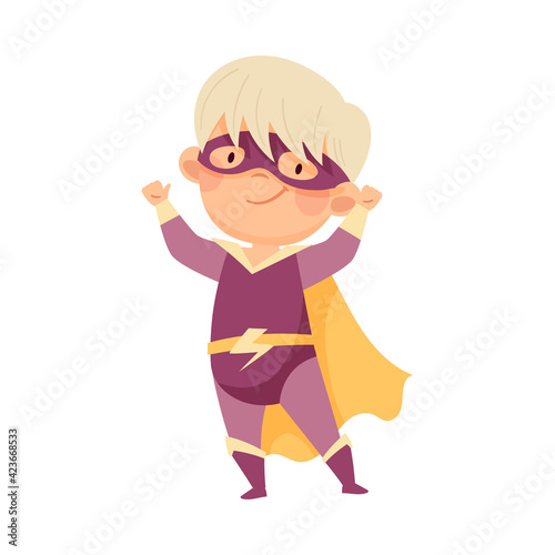 Little Boy Wearing Cape and Mask as Superhero Pretending Having Power for Fighting Crime Vector Illustration