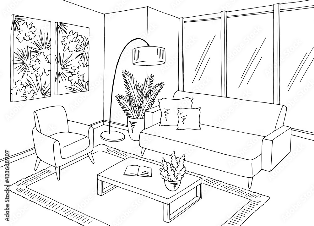 Fototapeta premium Living room graphic black white home interior sketch illustration vector 