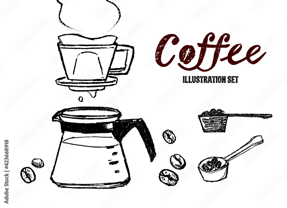 コーヒーの手描きイラストセット ドリッパー コーヒーサーバー メジャースプーン 珈琲豆のイラスト Stock Vector Adobe Stock