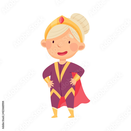 Little Girl Wearing Costume of Superhero Pretending Having Power for Fighting Crime Vector Illustration