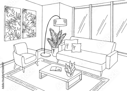 Living room graphic black white home interior sketch illustration vector 