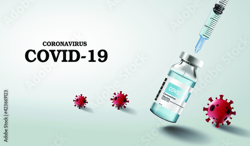 Covid-19 vaccination vector background. Covid19 coronavirus vaccine bottles and syringe injection