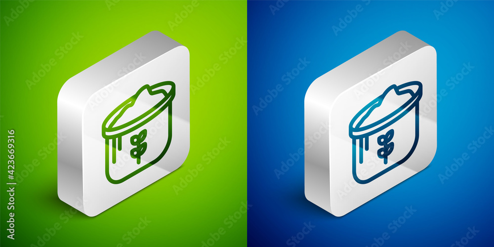 Isometric line Bag of flour icon isolated on green and blue background. Silver square button. Vector Isometric line Bag of flour icon isolated on green and blue background. Silver square button. Vector