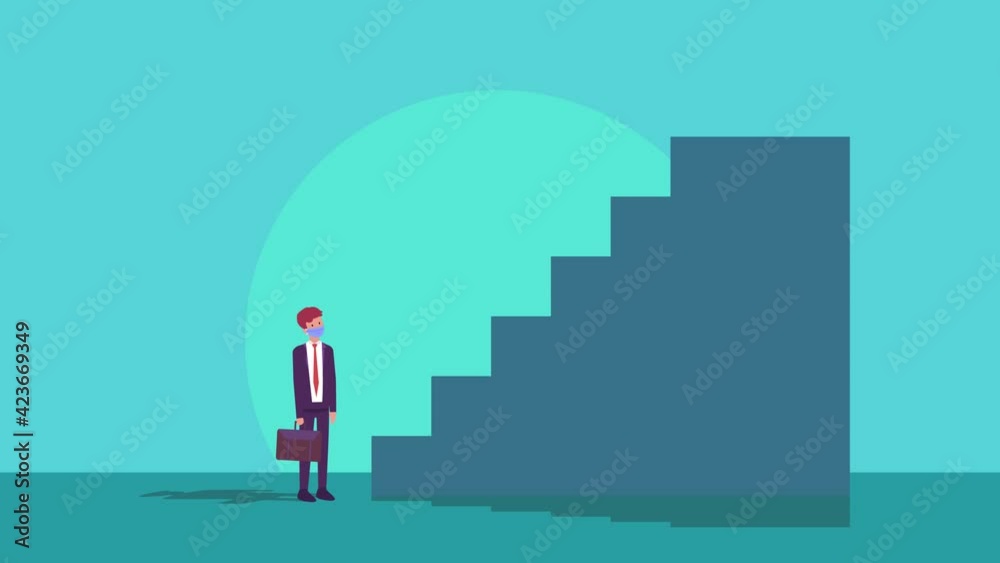 Businessman in face mask look at stairs to success