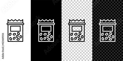 Set line Pack full of seeds of a specific plant icon isolated on black and white, transparent background. Vector