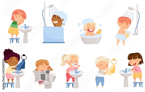 Little Kids Taking Bath, Brushing Teeth and Washing Hands and Face Vector Set