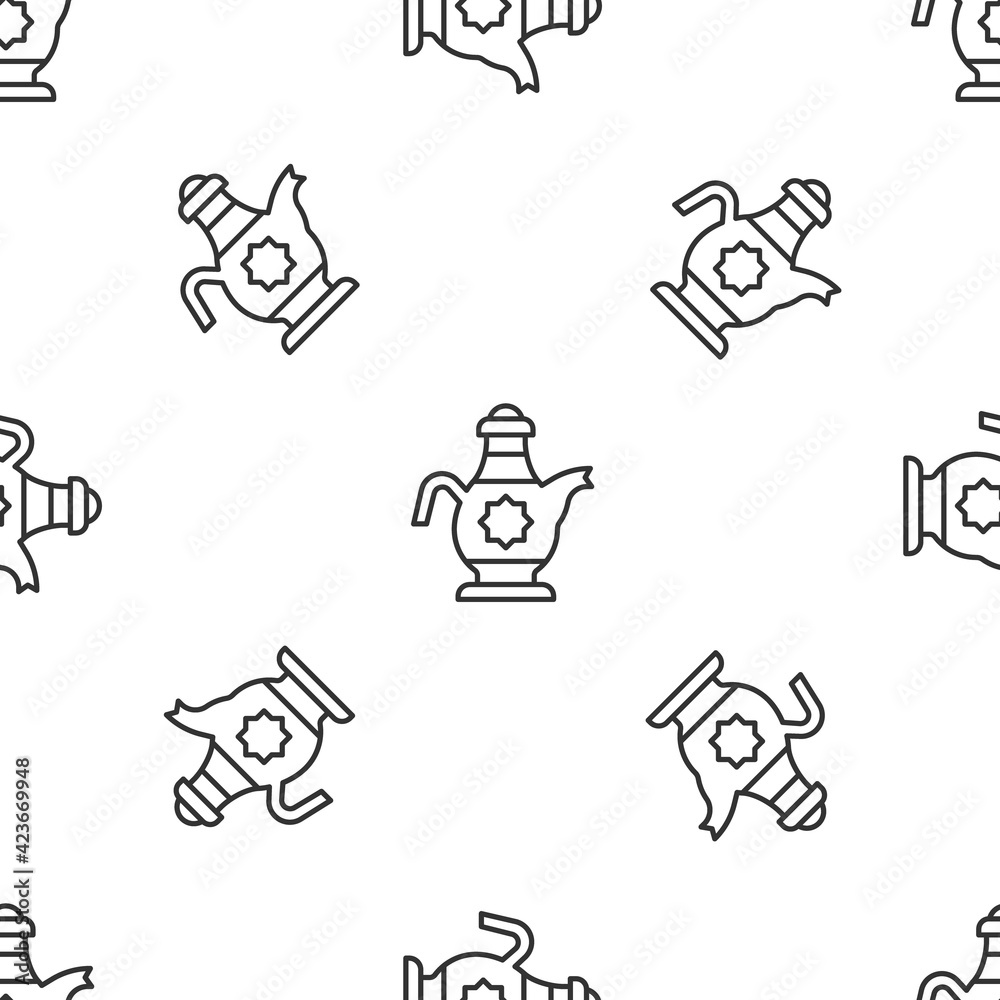 Grey line Islamic teapot icon isolated seamless pattern on white background. Vector