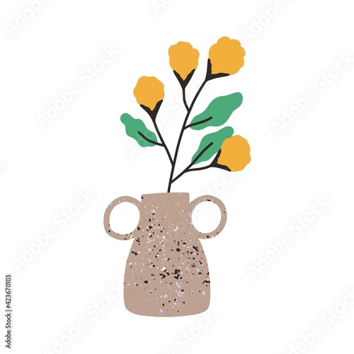 Fresh flowers in trendy vase. Cut floral branch with bright blooming buds and leaves. Colored flat vector illustration of summer gentle posy isolated on white background