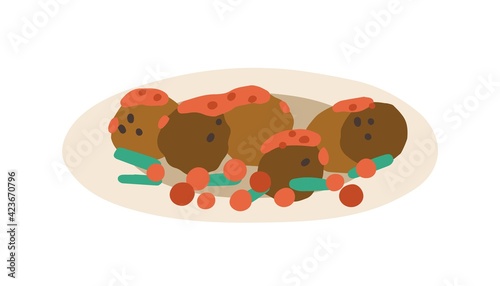Served traditional Swedish dish with cream sauce, pickled cucumbers and lingonberry jam. Colored flat vector illustration isolated on white background