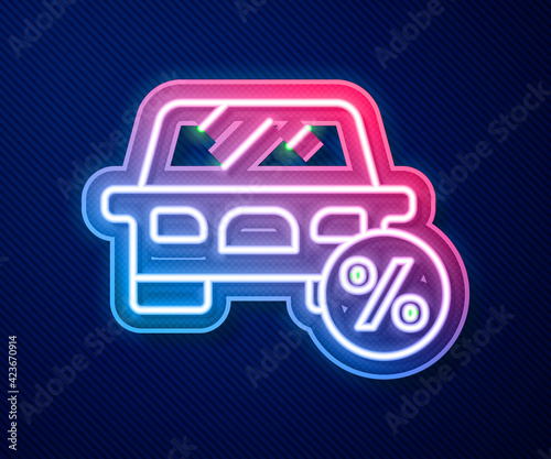 Glowing neon line Car leasing percent icon isolated on blue background. Credit percentage symbol. Vector