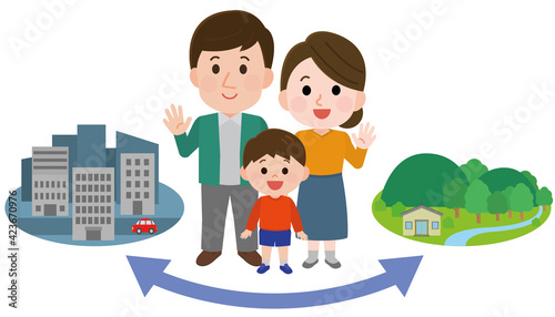 二拠点生活　デュアルライフをする親子　イラスト