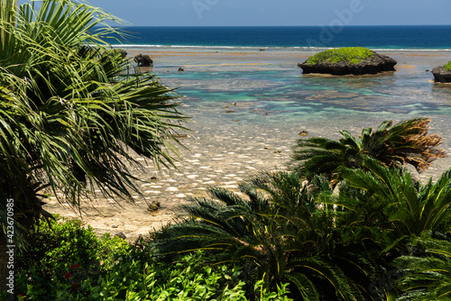 Beautiful view of Hoshizuna beach with its transparent emerald green sea, coral reef, green islet, blue ocean on horizon, and lush vegetation. Iriomote island.