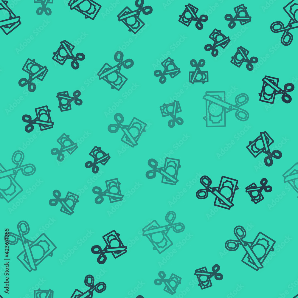 Black line Scissors cutting money icon isolated seamless pattern on green background. Price, cost reduction or price reduction icon concept. Vector Black line Scissors cutting money icon isolated seamless pattern on green background. Price, cost reduction or price reduction icon concept. Vector