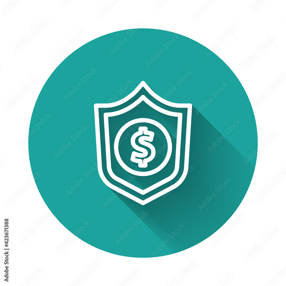 White line Shield with dollar symbol icon isolated with long shadow background. Security shield protection. Money security concept. Green circle button. Vector White line Shield with dollar symbol icon isolated with long shadow background. Security shield protection. Money security concept. Green circle button. Vector