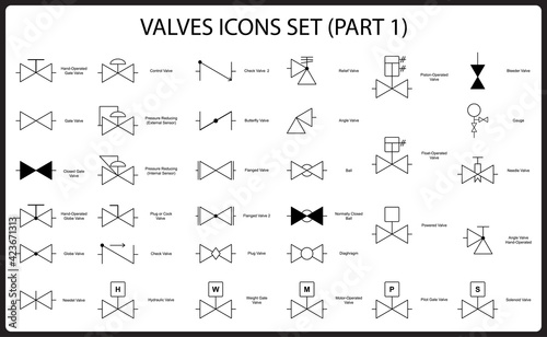 Valve engineering symbol set. Collection of shut-off and control valves icons