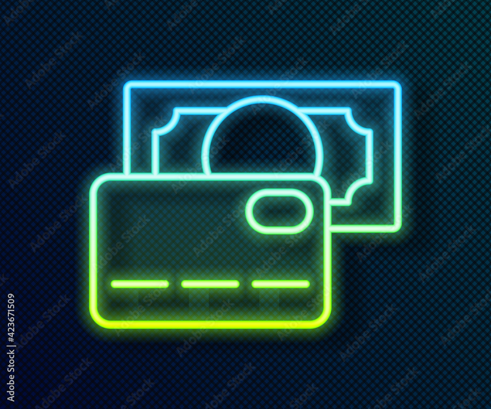 Glowing neon line Credit card icon isolated on black background. Online payment. Cash withdrawal. Financial operations. Shopping sign. Vector Glowing neon line Credit card icon isolated on black background. Online payment. Cash withdrawal. Financial operations. Shopping sign. Vector