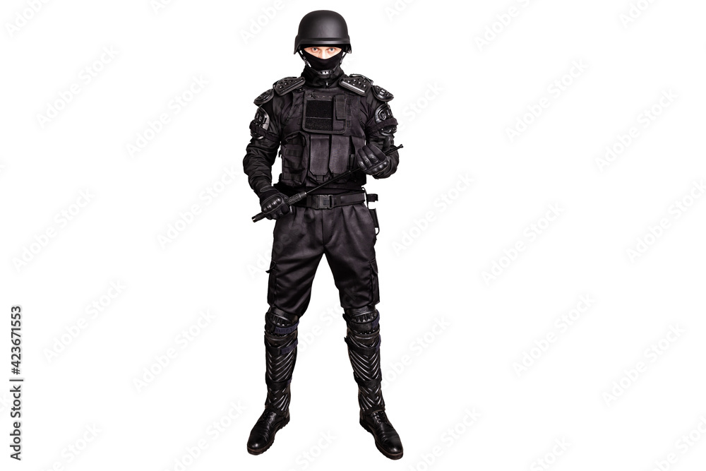 Armed police officer in protective cask with a telescopic truncheons. Isolated on white. Armed police officer in protective cask with a telescopic truncheons. Isolated on white.
