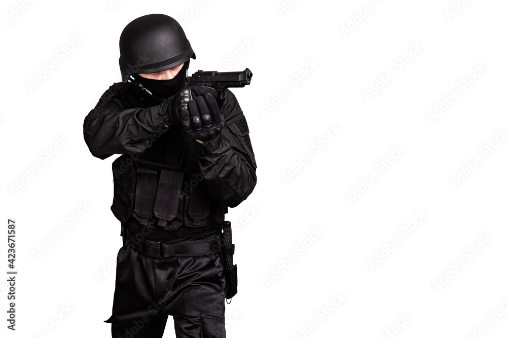 Armed police officer in protective cask with a pistol. Isolated on white. Armed police officer in protective cask with a pistol. Isolated on white.