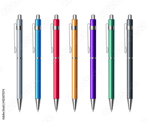 Set of colorful automatic ballpoint pens in metallic case. Vector illustration