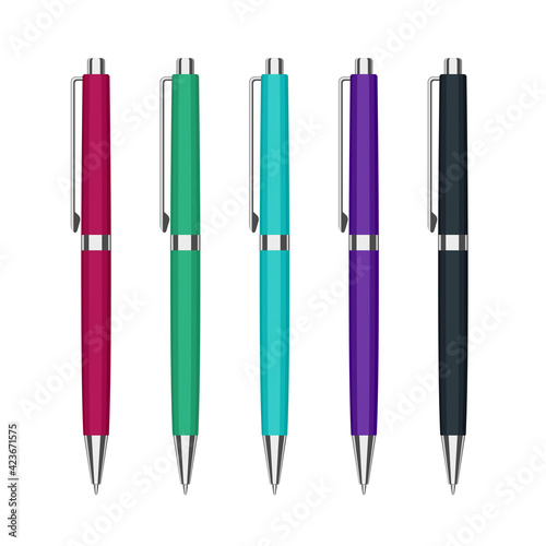 Set of automatic ballpoint pen in colorful cases with metal button. Vector illustration