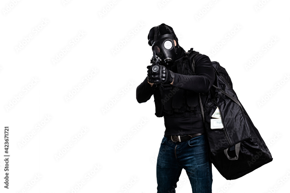 robber with a gun and a bag of money isolated on white background robber with a gun and a bag of money isolated on white background