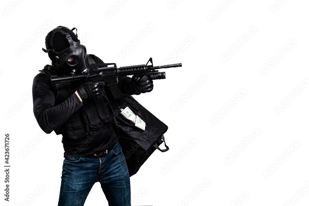 robber with a gun and a bag of money isolated on white background robber with a gun and a bag of money isolated on white background