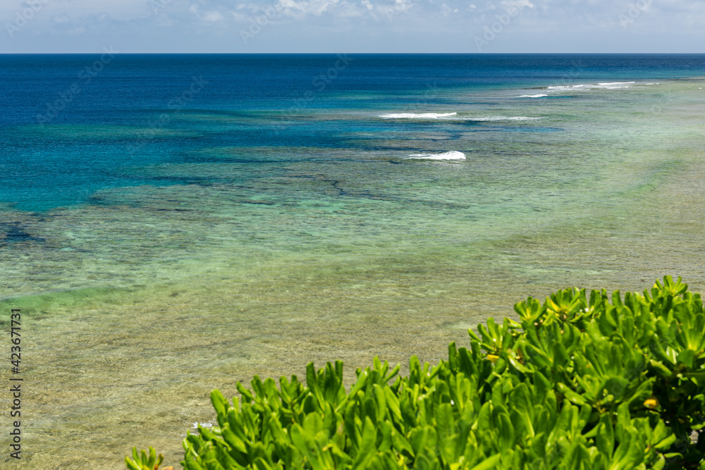 Beautiful view of the turquoise sea full of corals as far as the eye can see on a tropical island. Landscape seen from the top of the cliff in Unarizaki Park. Iriomote Island.