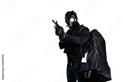 robber with a gun and a bag of money isolated on white background