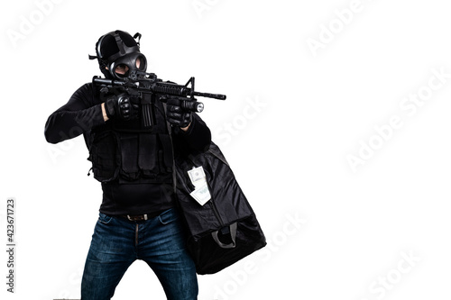 robber with a gun and a bag of money isolated on white background