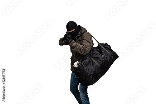 Fotografie, Obraz robber with a gun and a bag of money isolated on white background