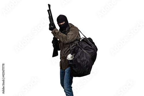 Fényképezés robber with a gun and a bag of money isolated on white background