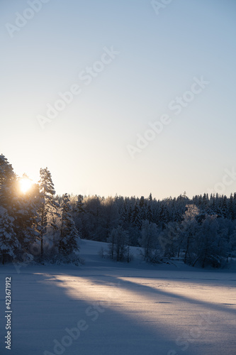 Frozen Lake in Swedish Taiga with Forests and Sunset © Jan