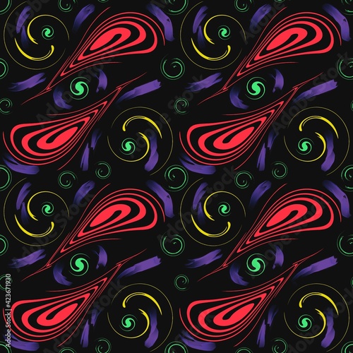 Fototapeta Naklejka Na Ścianę i Meble -  Seamless abstract geometric pattern with bright colourful shapes on a black background 