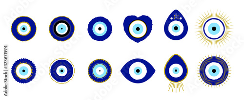 Greek evil eye vector symbol of protection. Amulet icon. Turkish Nazar Boncugu amulet illustration. Believed that it protects against evil eye. Hand drawn collection. Set of blue Turkish eyes