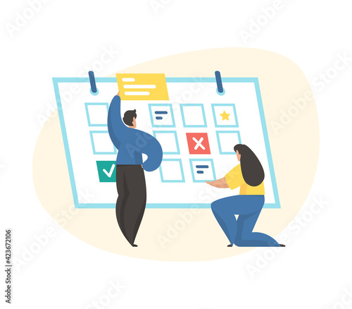 Business planning, time management, timetable. Male and female cartoon characters planning work. Planning stickers, events, schedule concept. Flat vector illustration