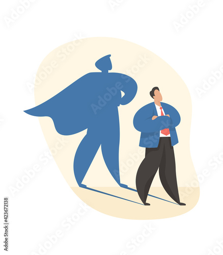 Male cartoon character with big superhero shadow. Lead manager. Ambition and success. Flat vector illustration