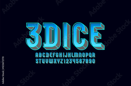 3D modern font, trendy blue alphabet, condensed letters and numbers with neon color, vector illustration 10eps