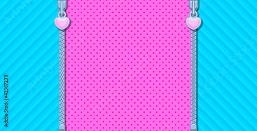 Bright pink and blue striped on pale background for a themed party in style doll surprised. Open vector zipper and cute lock. Rose birth backdrop template. Blank banner space for LOL text invite