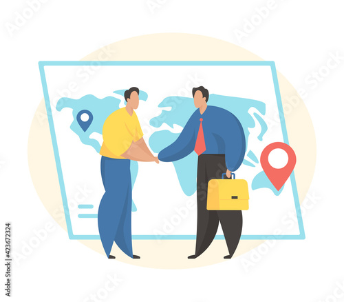 Human resources agency for migrants. Getting job in another country. Male cartoon character hr manager meets new employee from abroad. Flat vector illustration