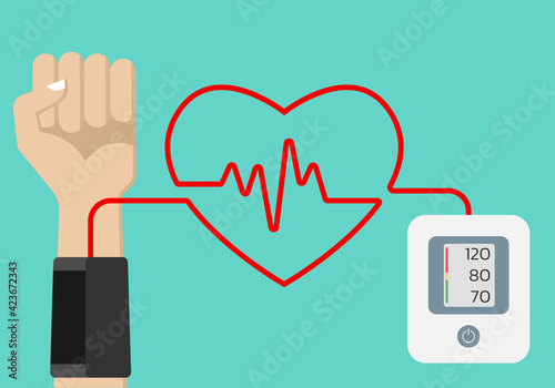 Blood pressure measuring concept with arm, blood pressure monitor or sphygmomanometer and heartbeat with heart shape. Vector illustration.