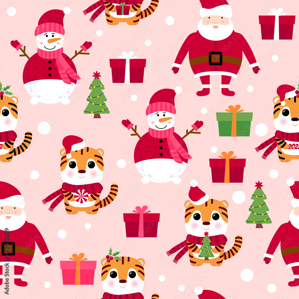 Seamless pattern with snowman, Santa Claus, tiger, gift box, Christmas tree. 2022 seamless holiday background. New year design. 2022 year of the tiger. Seamless pattern with Christmas symbols