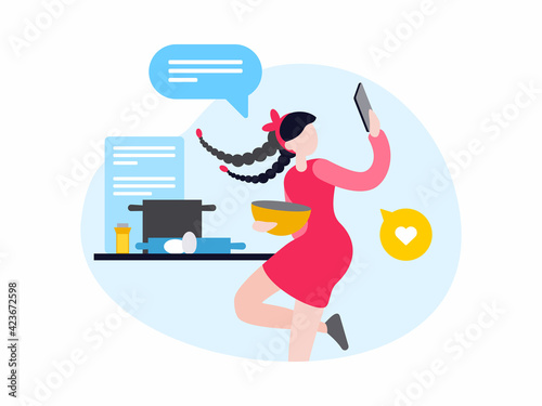 Culinary video channel. Young female chef blogger poses in the kitchen while recording video using smartphone. Homemade meal, cooking online class. Flat vector illustration