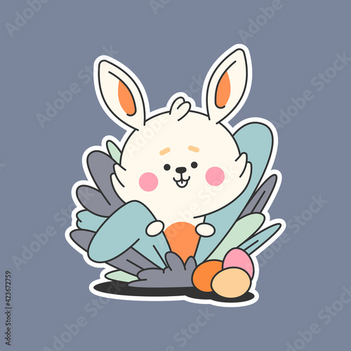 Easter bunny hiding in bush vector cartoon sticker isolated on background.
