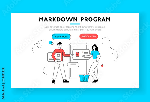 Markdown program banner template. Vector illustration of linear man with credit card and woman with basket choosing merchandise with discount on smartphone during sale in online shop