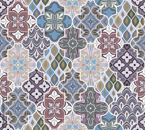 Colorful floral seamless hand drawn ornamental east pattern in patchwork boho chic style with lattice, in portuguese and moroccan motif