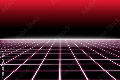 Foto 1980's inspired retro neon light grid in red tones as a background template for