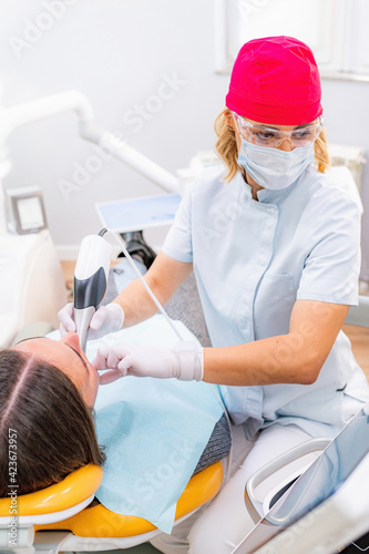 Dental Prosthodontics. Dentist Using 3D Camera in Teeth Reconstruction Procedure