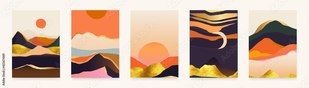Obraz premium Trendy abstract landscape illustrations. Set of hand drawn contemporary artistic posters. 