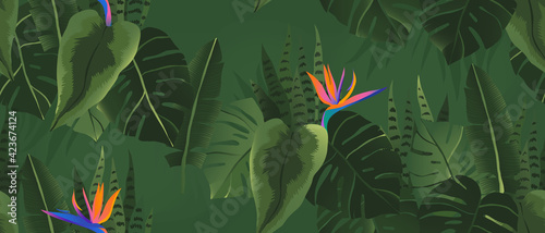 Modern abstract jungle pattern with strelitzia flower. Contemporary seamless pattern. Natural colors. Fashionable template for design.
